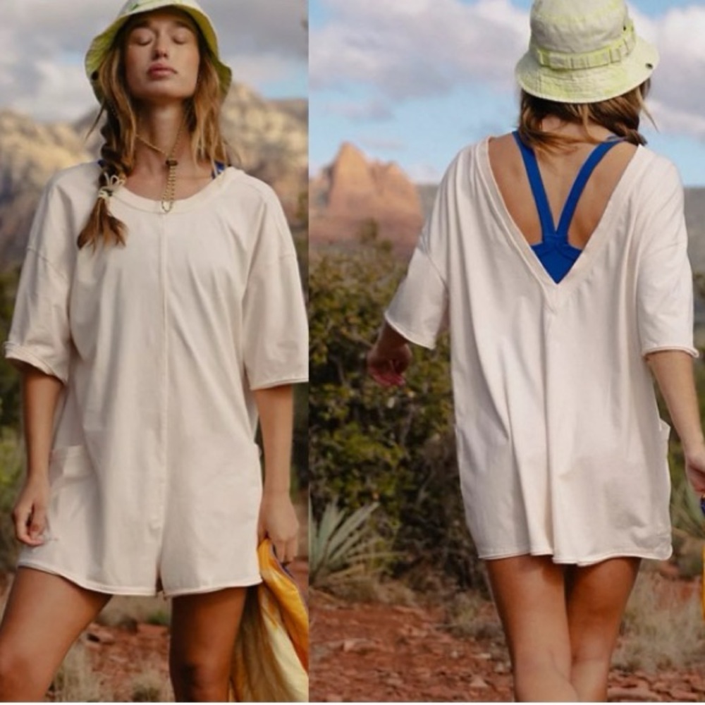 Free People Hot Shot Tee Romper with Pockets in Bleached Clay Size XL NWOT $60